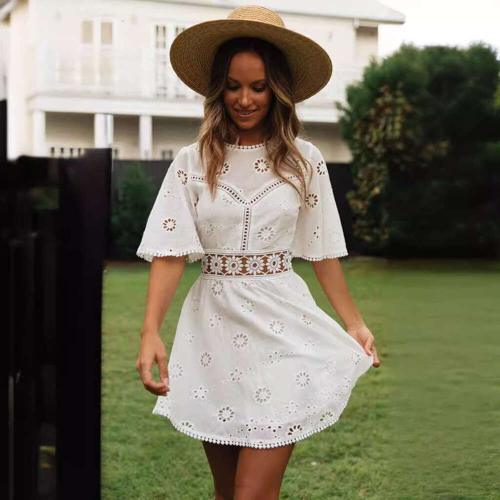 European and American summer sexy backless hollow tassel imitation cotton dress for women 2025 temperament versatile new trendy clothing ins