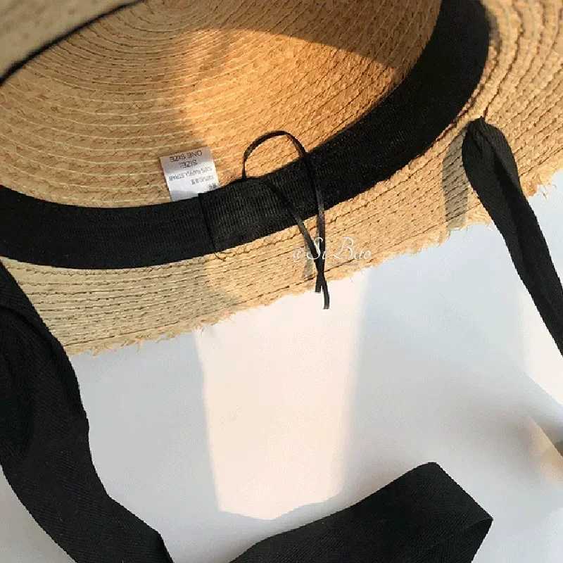Str Hat Women Wide Brim Sun Protection Beach Hat Black and White Ribbon Bowknot Str C Casual Ladies Flat Top Panama HatXJ250304
