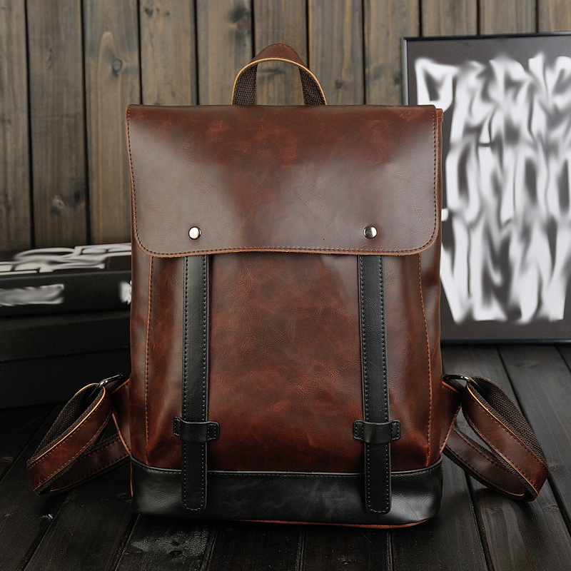 Designer Designer Men's Korean Version Trendy College Style Middle School Student Casual Crazy Horse Leather Backpack