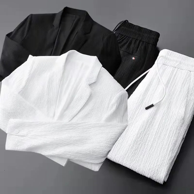 Spring Autumn Korean White Pleated Sets Men Fashion Casual Solid Long Sleeve Blazer and Trousers Two-piece Men Suits Trends Tops 250303