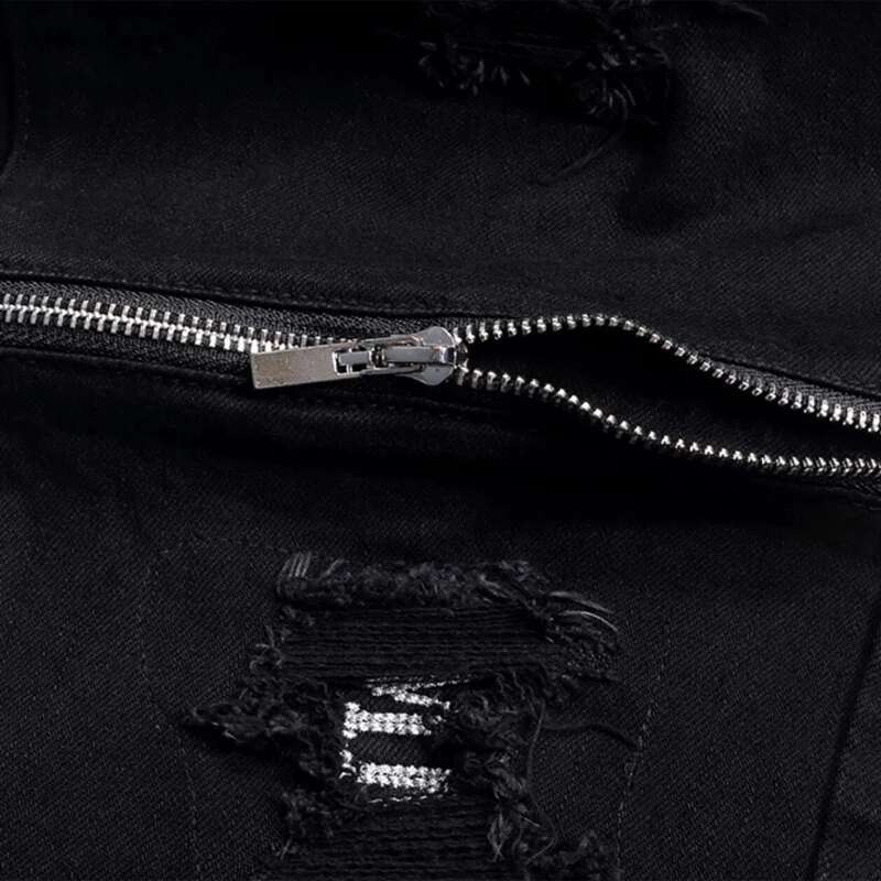 Streetwear Fashion Black Elastic Slim Fit Destroyed Ripped Jeans Zipper Designer Hip Hop Punk Denim Pencil Pants Men