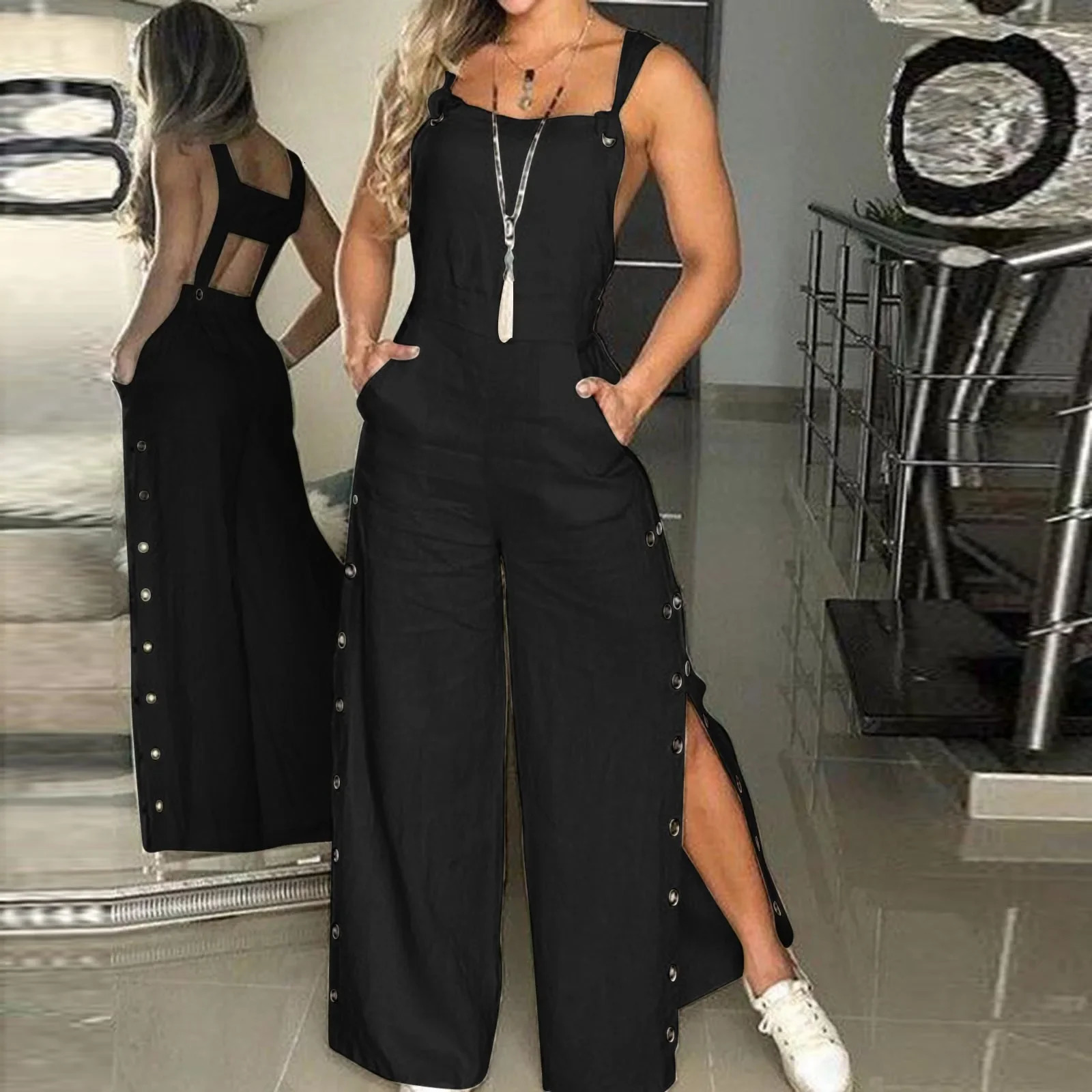 Summer Fashion Womens Sleeveless Jumpsuit Rompers Ladies Solid Wide Leg Button Openings Long Trousers Suspenders Overalls Pocket 250303