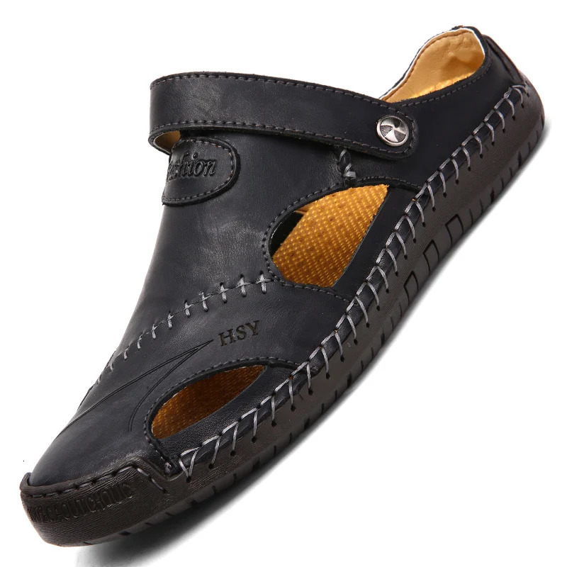 Outdoor Genuine Leather Mens Sandals Summer Non-slip Anti-collision Toe Beach Casual Shoes Walking Hiking Travel Shoes Men 250303