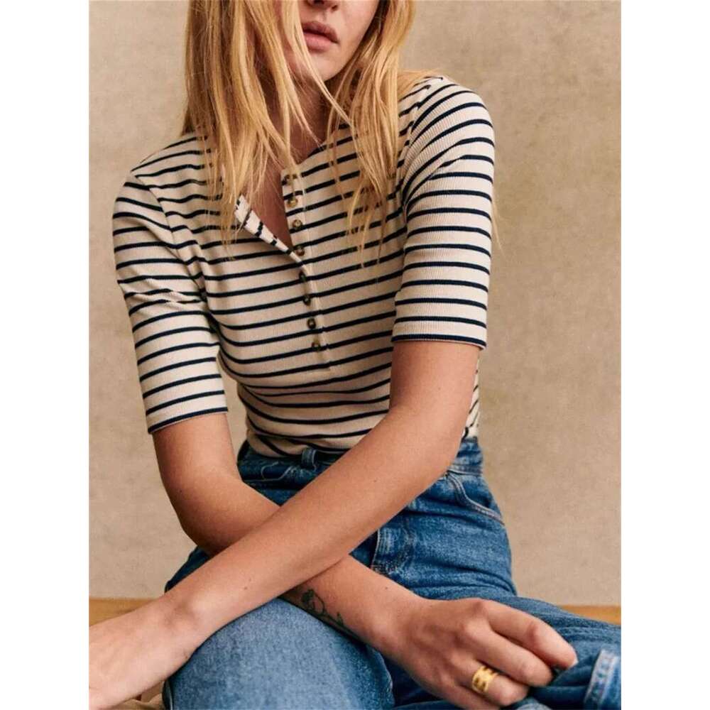 Women Slim Fit T-Shirts Solid Color Or Stripes Round Neck Half Open Collar Short Sleeve Ladies Casual Tshirts 2025 Summer