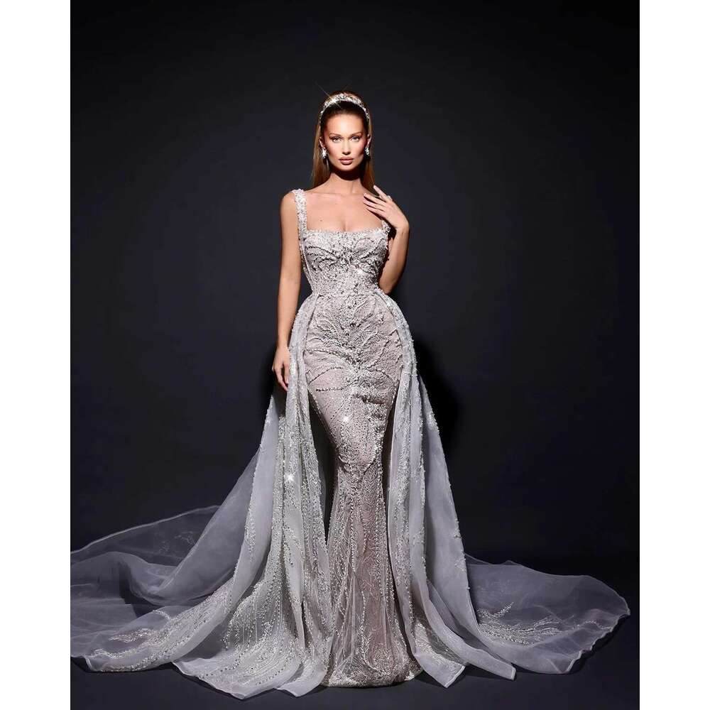 Mermaid Wedding Dresses Of The Income, Exquisite Pearls Beads Tulle, Detachable Train, Custom Bridal Dress