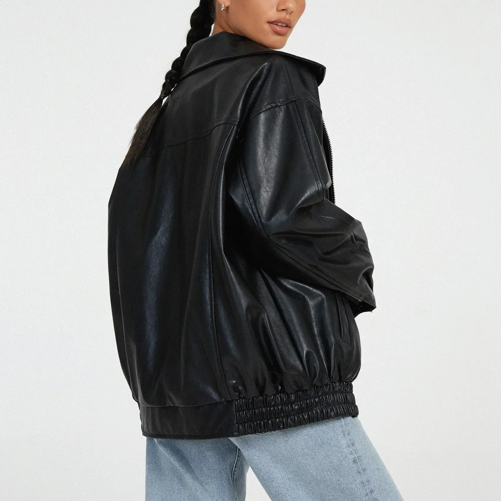Womens autumn and winter PU leather jacket loose zipper long sleeved solid color fashion 250226