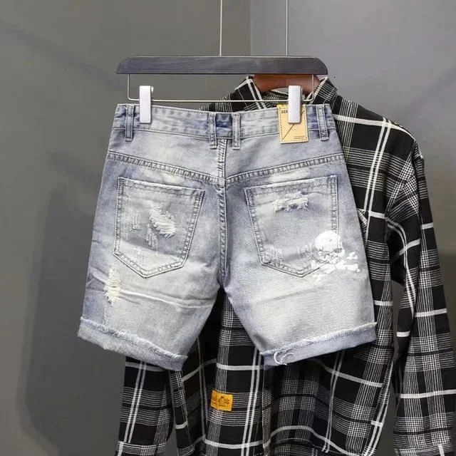 Summer Mens Worn Bead Hole Beggar Stretch Ripped Short Jeans Men Streetwear Korean Fashion Slim Fit Denim Shorts 250304
