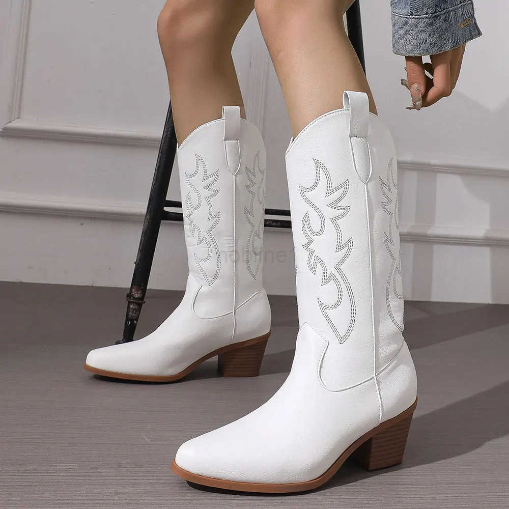 2024 Big size 43 Good Quality White Cowboy Boots Wen Vintage Block H Country Concert Mid-calf Wern Cowgirl Boots Shoes Z250304