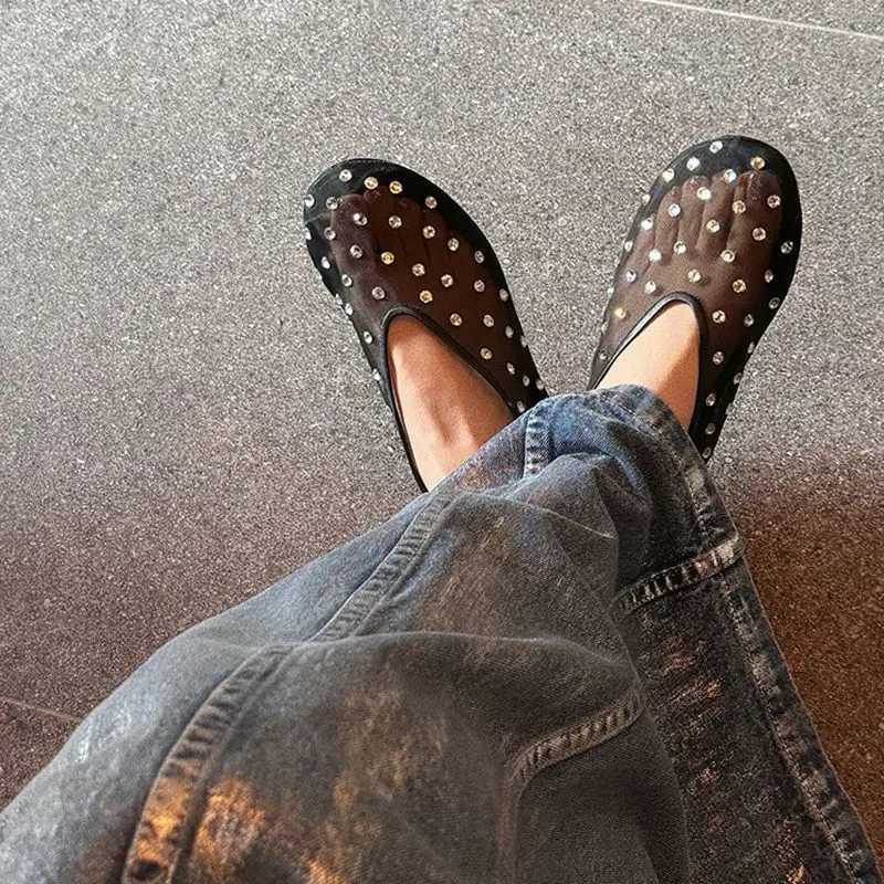 Fi Crystal Wen Ballet Flats Mesh Dance Flat Shoes Casual Driving Walking Loafers adrilles Ladies Slip- Lazy Shoes Y250303