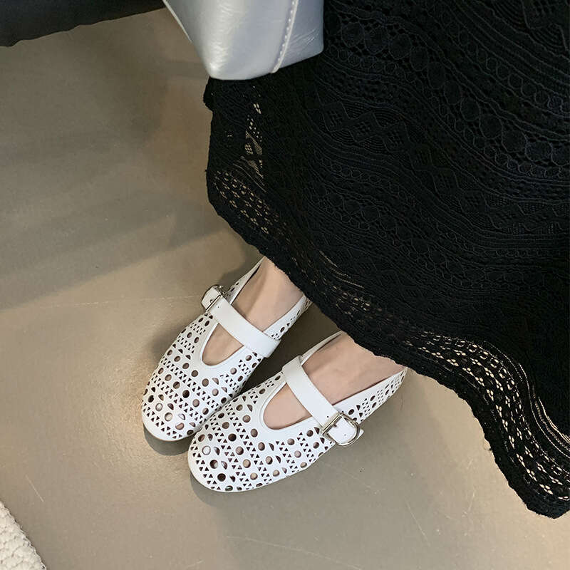2024 Spring and Autumn New Fashionable Versatile Ballet Hollow Breathable Small Leather Shoes for Women Round Headed Shallow Mouth Flat Bottom Jumping