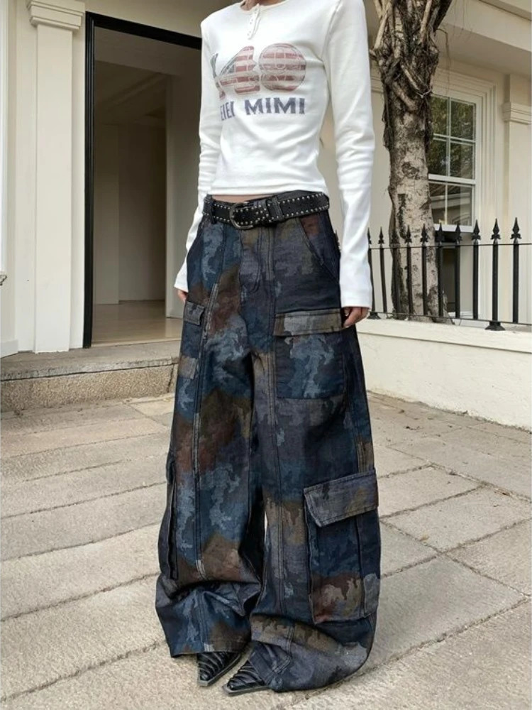 Retro street style camouflage spliced multi pocket work jeans suitable for American womens loose straight wide casual pants 250227