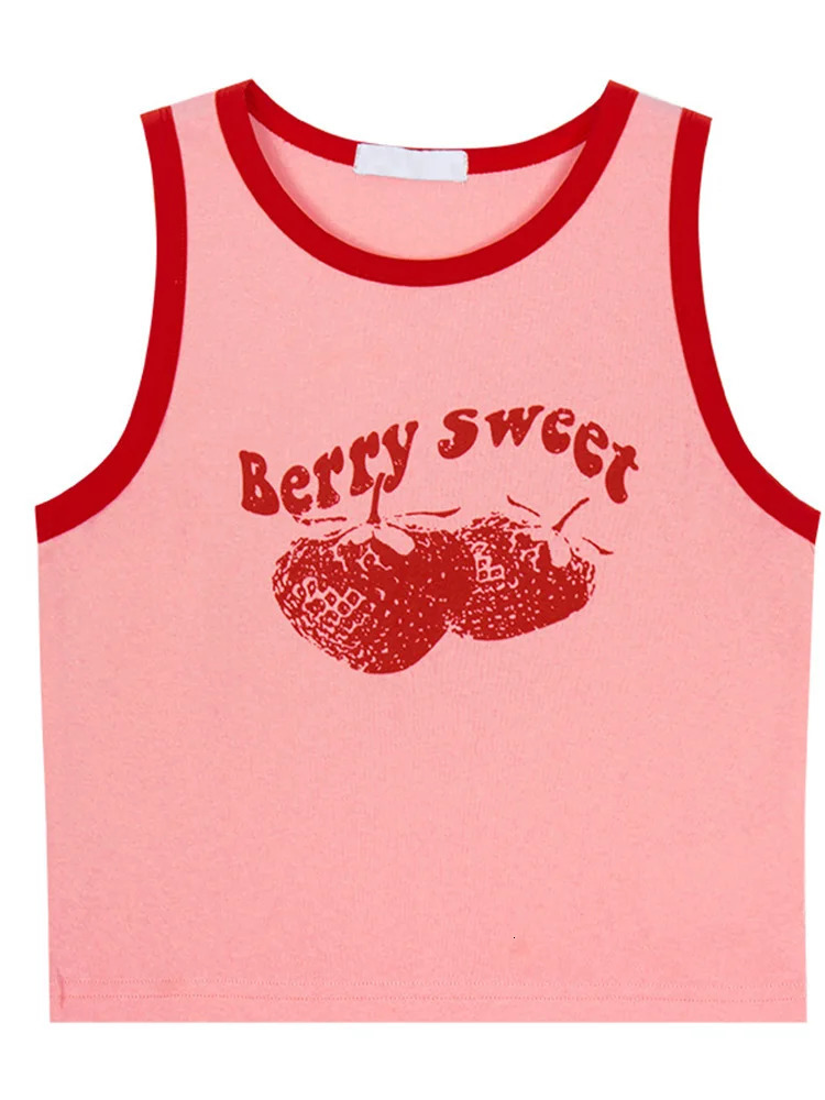 Pink Printed Y2k Tank Top Summer Shoulder O-Neck Sleeveless Fashion 90s Retro Crop Top Womens Casual Sexy 250228