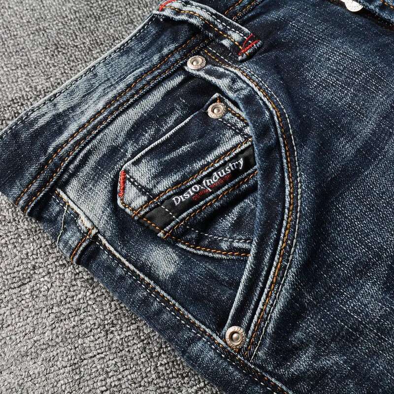 Italian Style Fashion High Quality Retro Black Blue Elastic Slim Fit Ripped Jeans Men Vintage Designer Denim Pants
