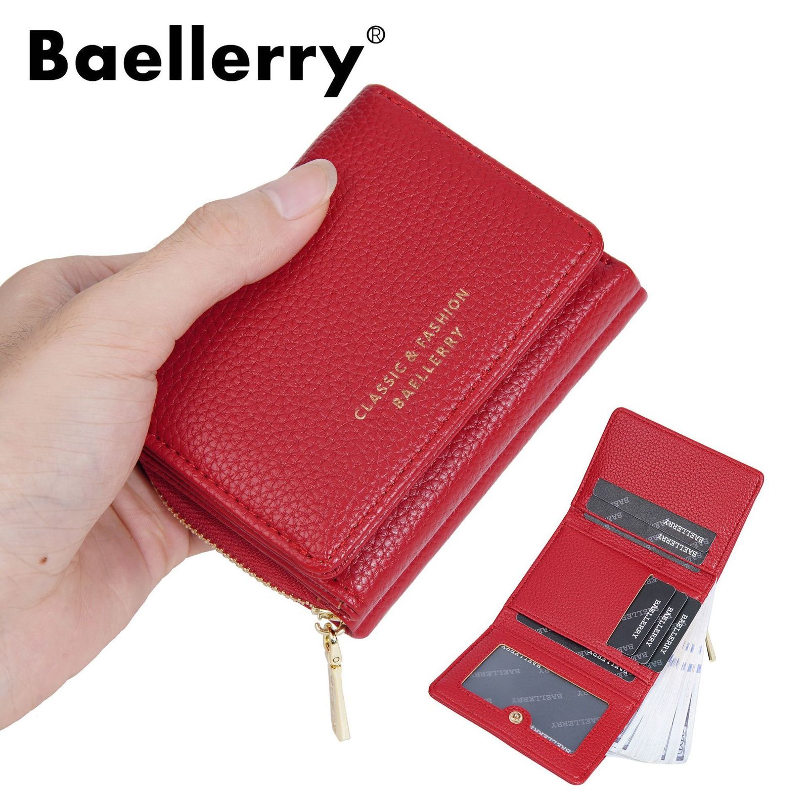 Wallet womens short baellerry three fold zipper coin purse simple lychee pattern card bag for women 250304