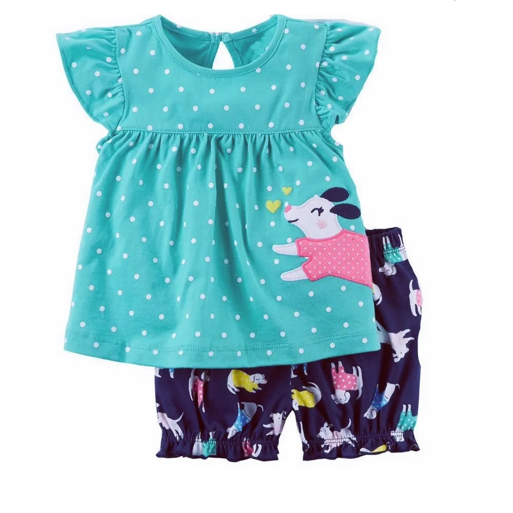 Polka Dot Baby Girls Clothes Set Dog Print Summer Outfits Children Tee Shirts Pant 2-Pieces Girls Suit Blouse Outfits Tops 0-2Y 250304