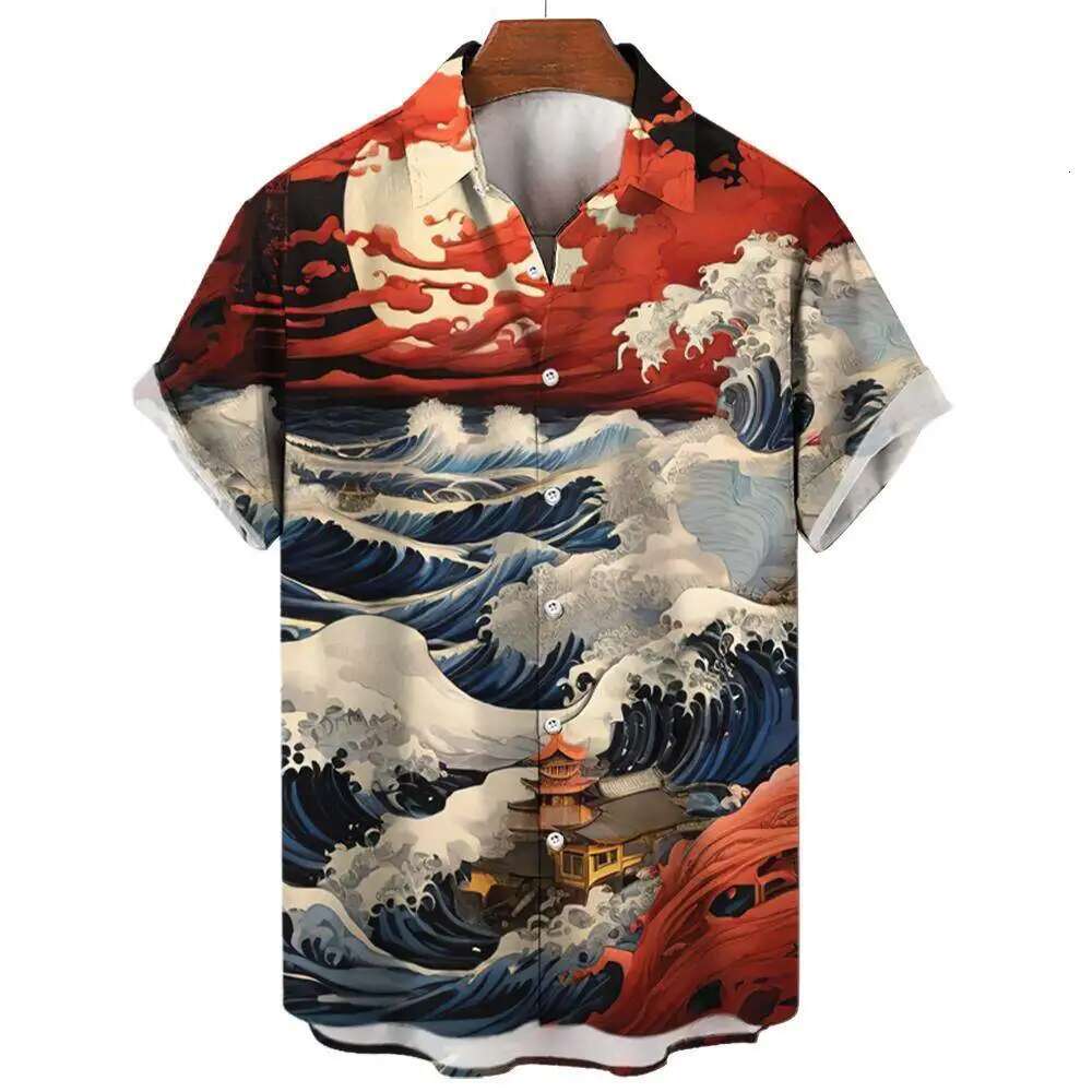 2025 New Shan Hai Jing Ukiyo-e Wave And Cloud Print Men's Designer Short Sleeved Shirt Casual Daily Summer Fashion Street Comfortable Trendy Top 