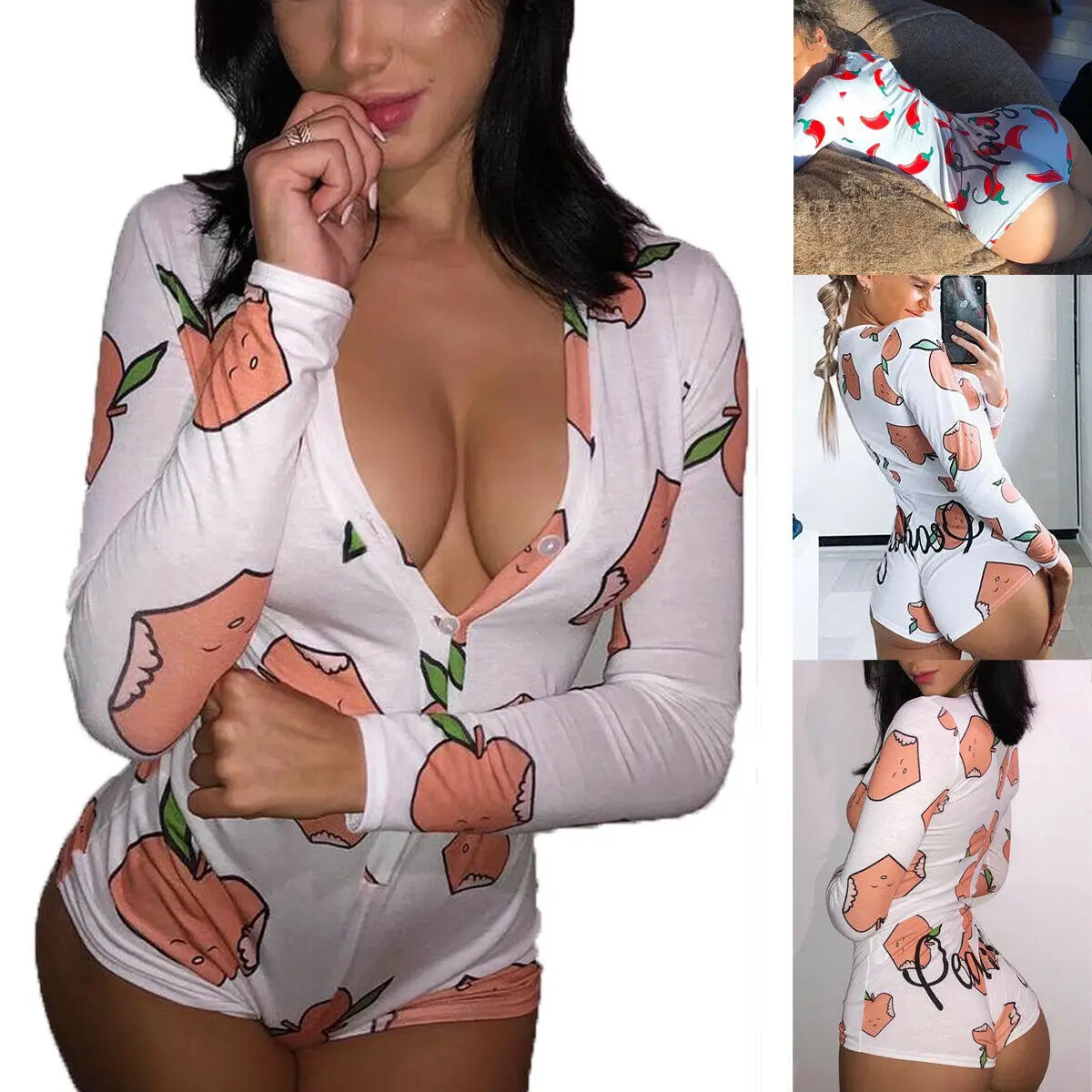 Sexy Fashion Women Bodysuits Long Sleeve Deep V Neck Bodycon Stretch Leotard Button Shorts Romper Jumpsuits Pajamas Overalls 250303