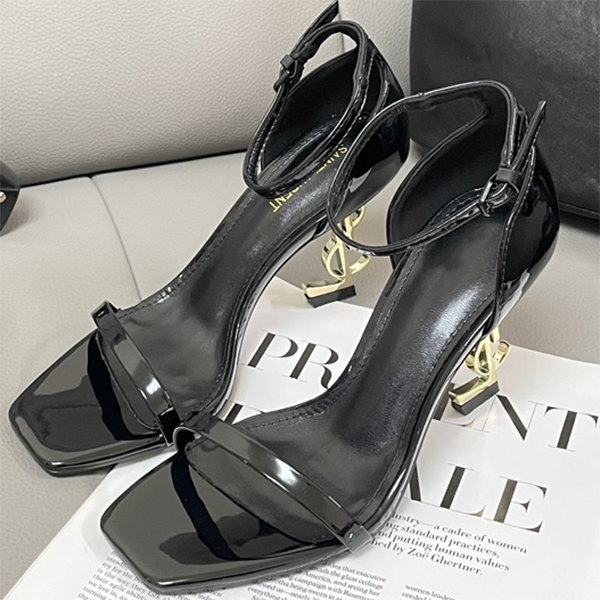 designer heels fashion metal letter heels genuine leather personality black patent leather temperament square toe exposed toe straight strap heels heels women