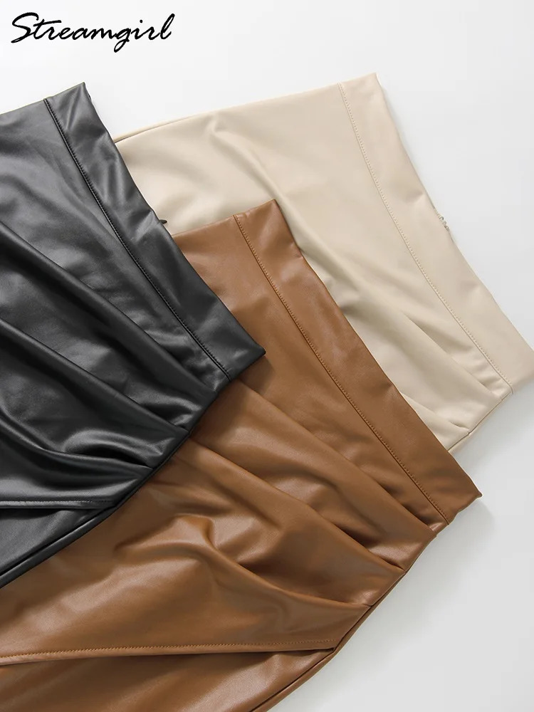 Women Midi Leather Skirt Sexy Split High Waist Zipper PU Front Slit Skirts Ladies Black Faux Leather Folded Skirt For Women 250304