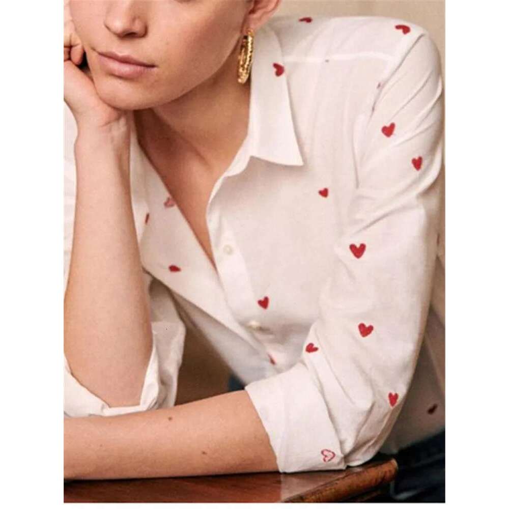 2025 Spring Women Red Heart Embroidery White Shirt Single-Breasted Ladies All-Match Office Blouse Top Female Chemise