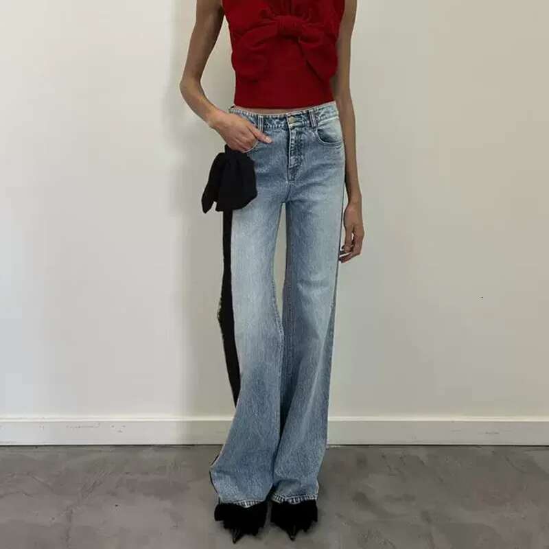 Fashion Contrast Color Bow Jeans Women's High Waist Versatile Slim Straight Casual Denim Pants Tide New