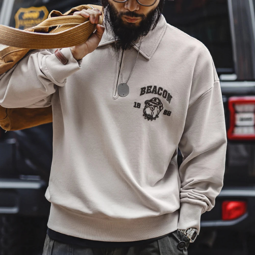 Maden Vintage Mens Long Sleeve Embroidered Sweatshirt with Letters Halfopen Front Casual Hoodie Turnedup Collar for Spring 250304