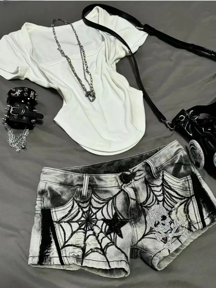 Street Punk Spider Web Printed Diamond Skull Star Denim Shorts Sexy Low-waisted Short Panrts Summer Jeans for Women 250303