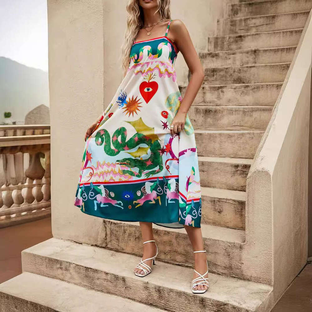 long skirt women's suspender printed cotton en sleeveless large swing dress 2025 new casual versatile fashion clothing