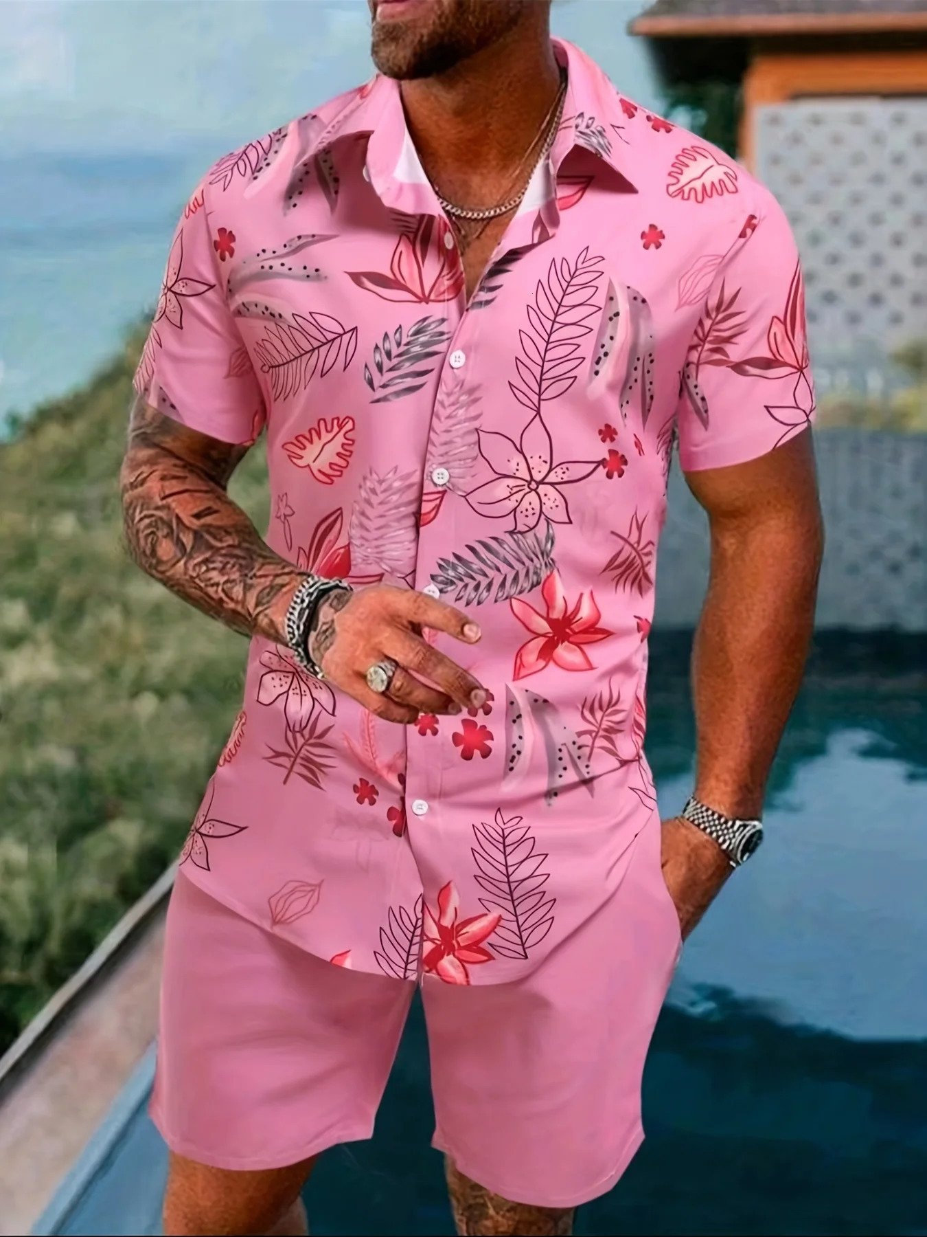 Men Summer Sets Print Lapel Short Sleeve Casual Shirt Beach Shorts Streetwear Vacation Hawaiian Suits Men Cothing 250303