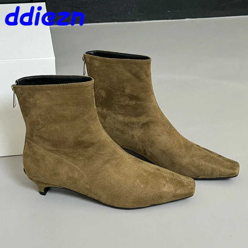 Fion Zippers Wen Ankle Boots With 3cm Heel Shoes Designer Flock Footwear Pointed Toe Ladies Modern Short Booties Shoes Z250304