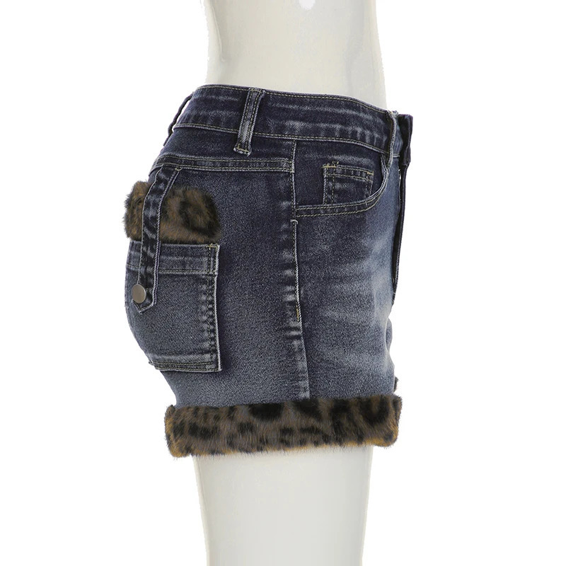 SUCHCUTE Leopard Print Fur Patchwork Shorts Jeans Women Low Waisted Button Up Mini Shorts Fashion Vintage Y2k Clothing 2025 250303