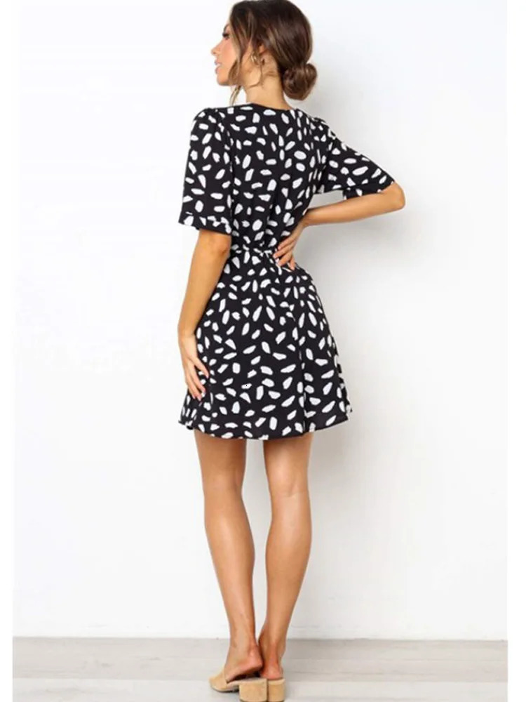 White Sand Spot Mini Summer Dresse V Neck Casual Beach Sundress Sexy Botton Wrap Bodycon Dress Female 250227Z