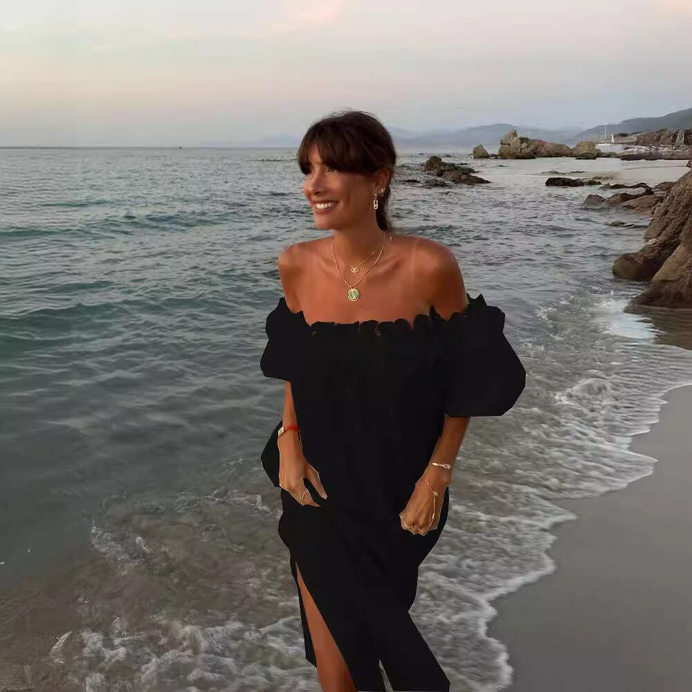New European American solid color cotton en sexy one neck split vacation dress for women in 2025, with a unique and elegant temperament