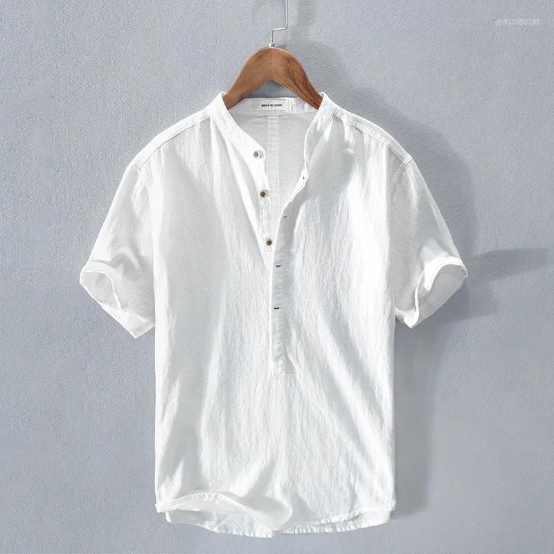 Men's Casual Shirts Cotton And Linen Shirt High-end Loose Short Sleeves Half-open Button Henry Collar Breathable Inch Trendy