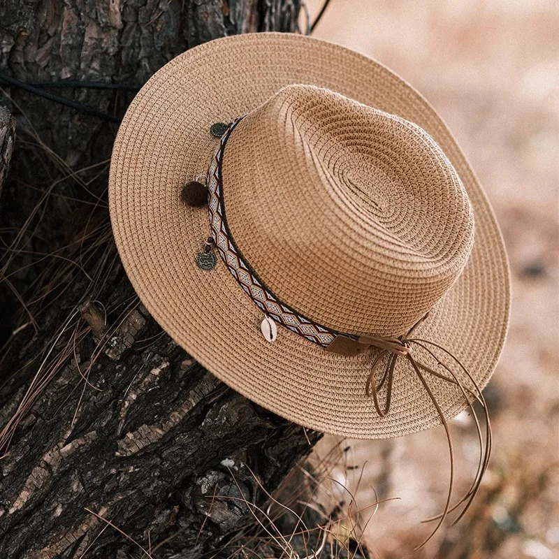 2025 Fashion Bohemia Style Vacation Straw Hat Women Beach Grassland Travel Retro Cowboy Sun Hat Womens Wide Brim Panama 250227