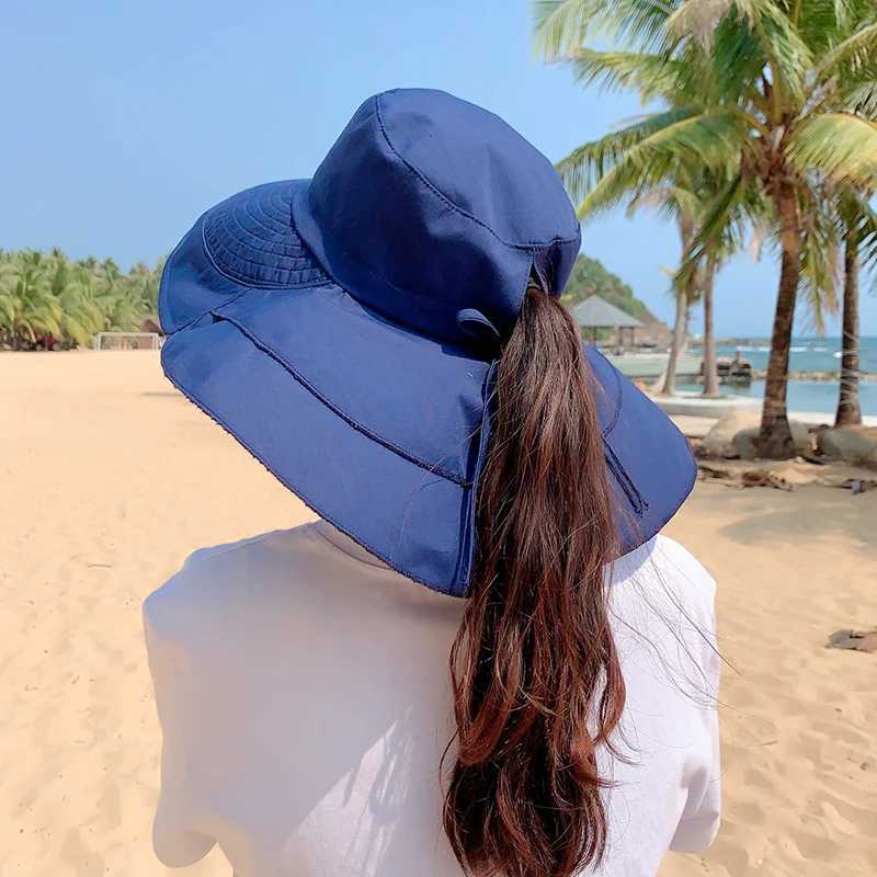 Sparsil Womens Summer Hat for The Sun Wide Brim UV Neck Protection Solar Beach Hats Foldable Ponytail Travel Sun Panama CsXJ250304