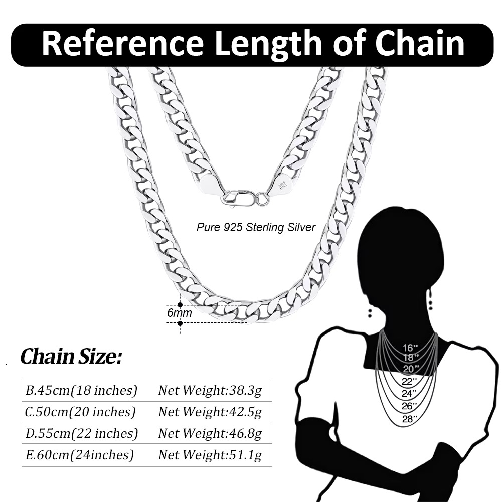 RINNTIN SC69 Fine Jewelry Italy Sterg Necklace Rhodium Plated :6mm Dia Cut Cuban k Chain Sier