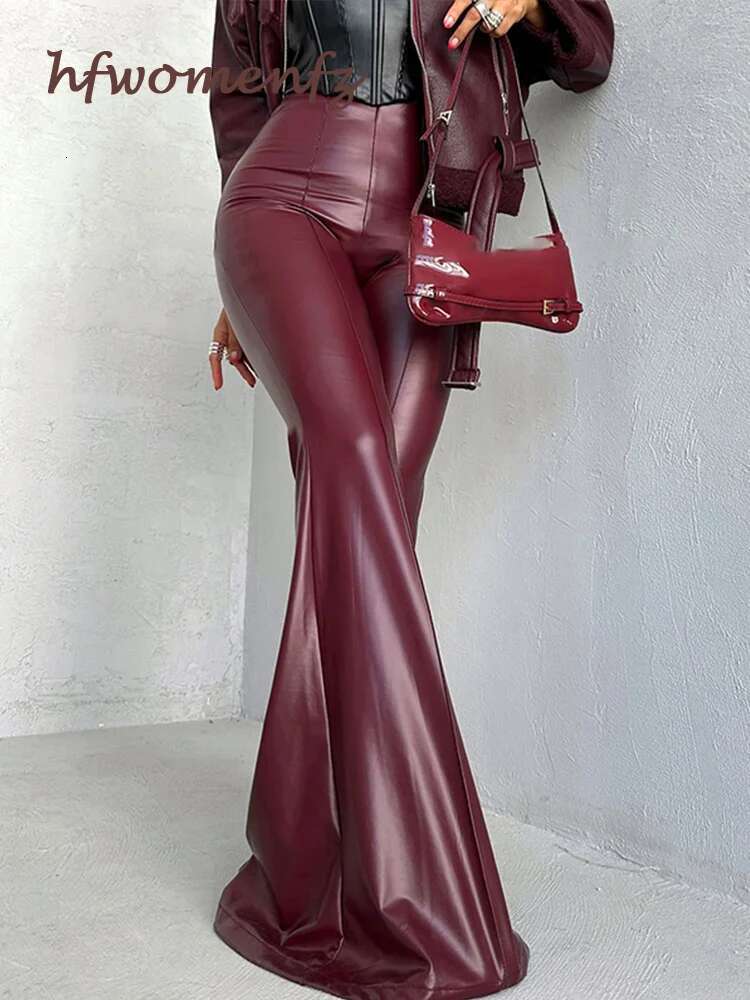Women PU Leather Flare Leg Pants Fashion Elegant High Waist Elastic Slim Fit Zipper Trousers Autumn New Outwear Mujer