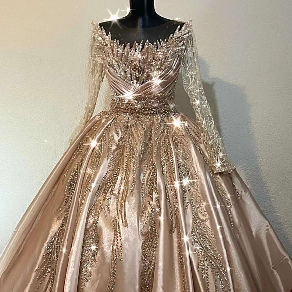 Sparkly appliques sequins and lace sleeves satin court with zipper custom wedding dress
