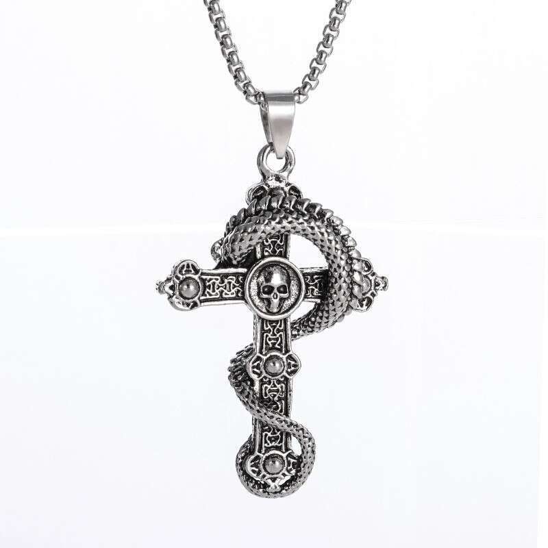 Skeleton coiled dragon cross necklace, male domineering pendant, street personalized pendant accessory