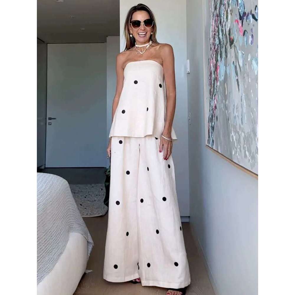 Fashion Printed Women Pants Set Casual Sleeveless Backless Split Wide-Legged Trousers Loose 2 Piece Suit 2025 New Female Outfit