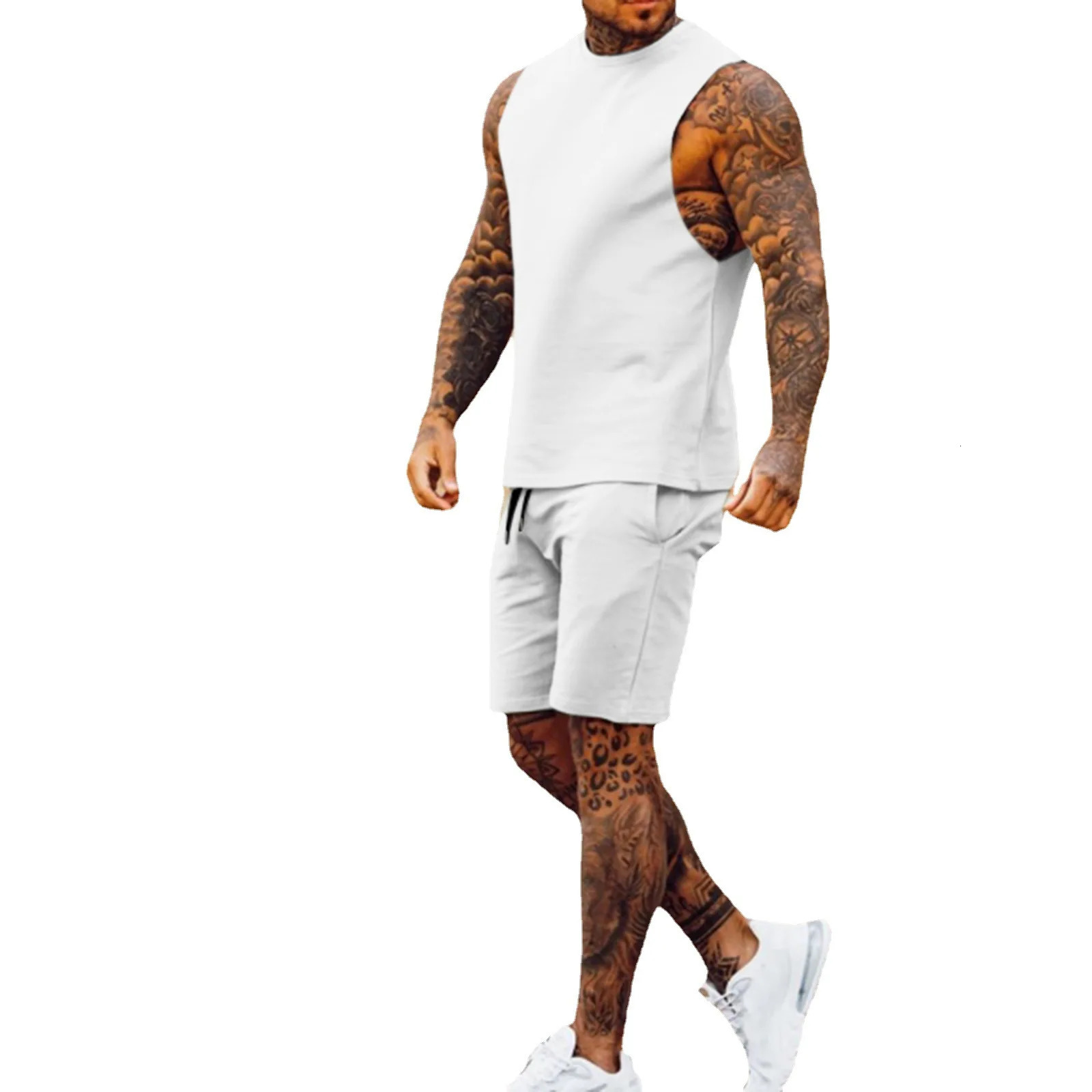 Sportswear Mens Casual Thin Five Quarter Pants Sleeveless Top Solid Color Shorts Two-piece Set 250303