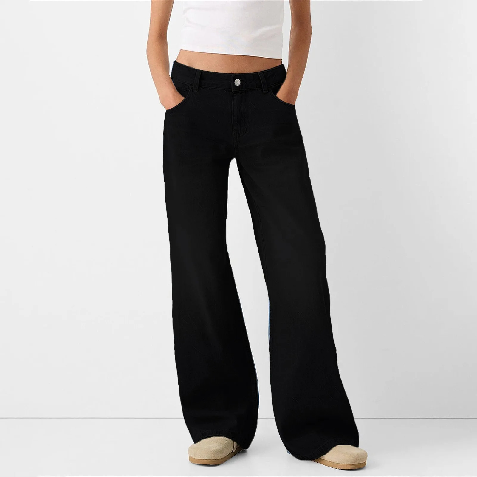 Womens Fashion Denim Jeans Retro Loose Straight Pants Mid Waist Button Pocket Trouser Casual De Mujer Pantalon 250227