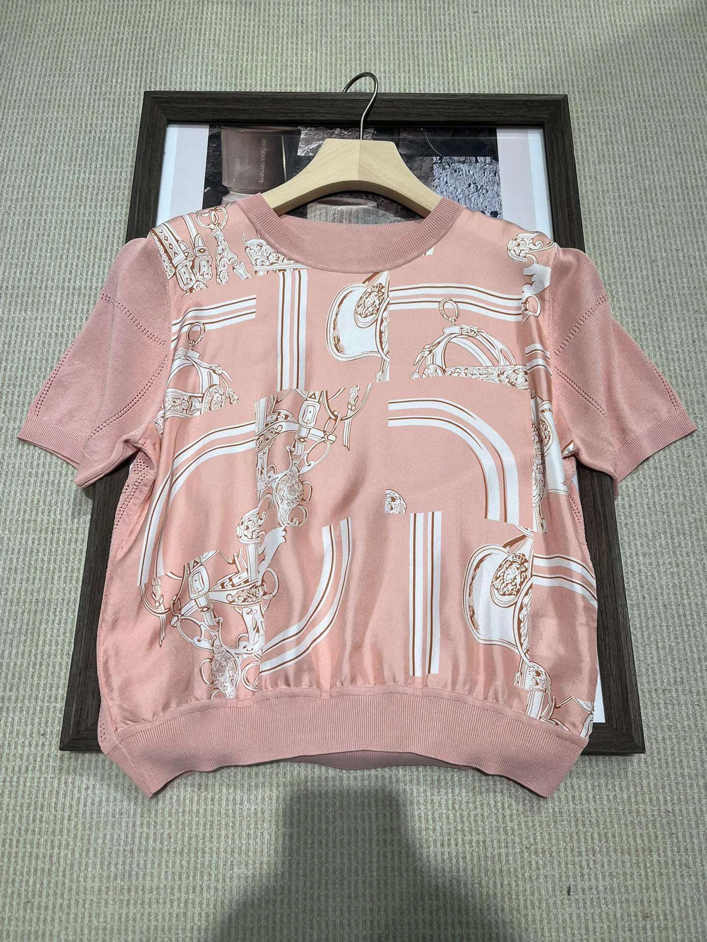 2024 Spring 24Ss New Fashion Chain Knitted Print SILK Designer Tee T Shirts Top Brand Clothing For Women