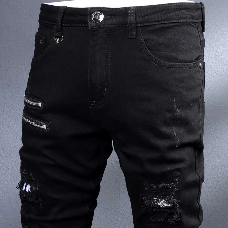 Streetwear Fashion Black Elastic Slim Fit Destroyed Ripped Jeans Zipper Designer Hip Hop Punk Denim Pencil Pants Men