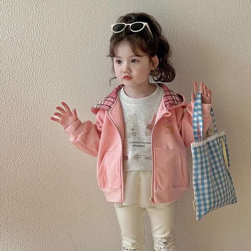 Ddmyshoesvip Spring Infant Baby Girls Jackets Cotton Cartoon Pattern Children Coat Loose Pink Plaid Hooded Zipper Little Girl Coats