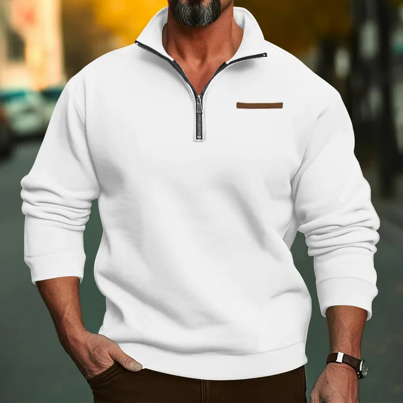 Autumn and winter stand up collar long sleeved semi open zipper sports shirt for mens casual loose fit full matching top 250304
