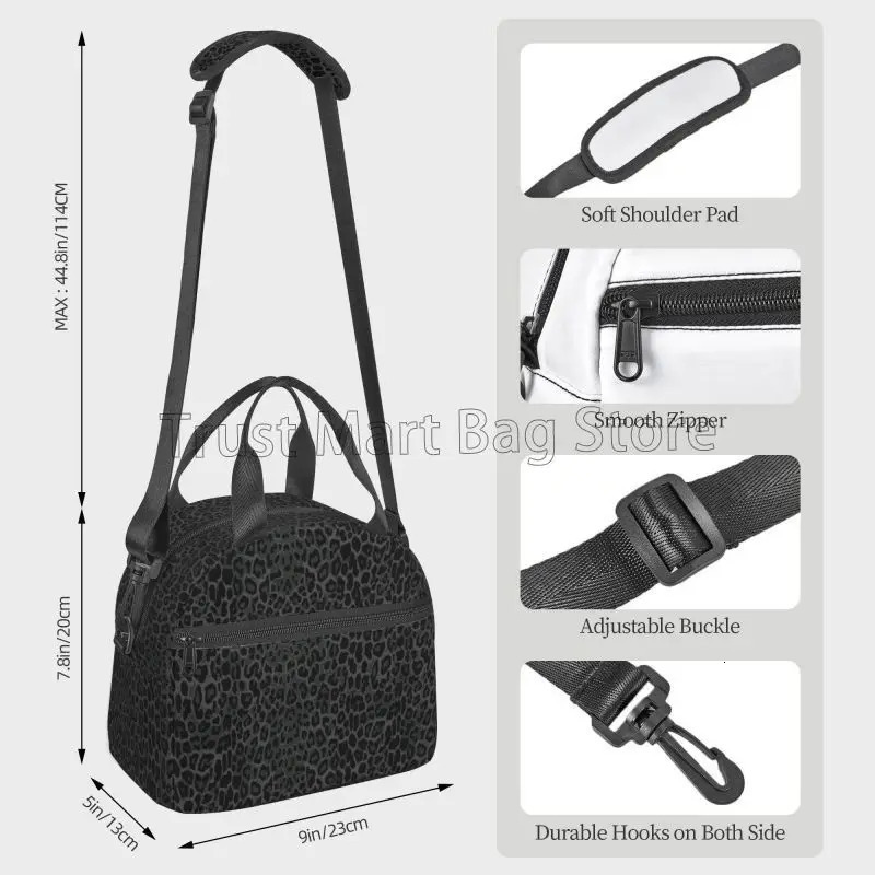 Black Leopard Print Lunch Bag Insulated Reusable Bento Tote for Women Thermal Cooler Bag with Adjustable Strap for Work Travel 250228