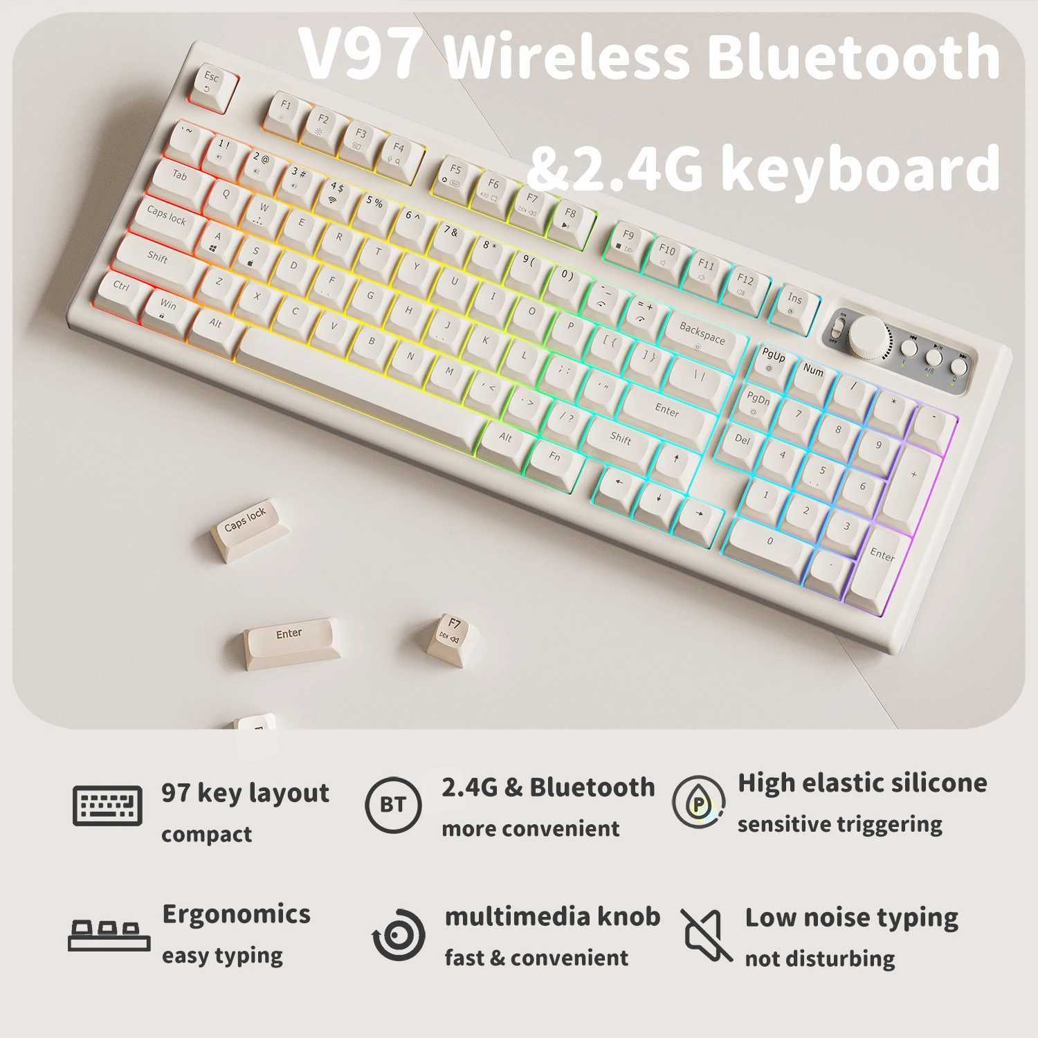 EWEADN V97 Cute Creamy Keyboard /2.4GHz Gaming Keyboard Wireless with RGB Backlit Rechargeable Quiet for PC Gamer Z250304