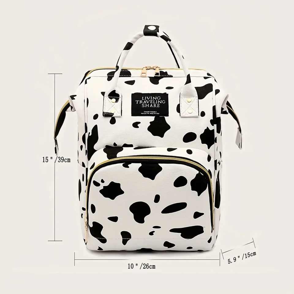 Ship from US Stylish Cow Pattern Backpack Trendy Zipper Rucksack Versatile Womens Travel Diaper Bag 250304FBB